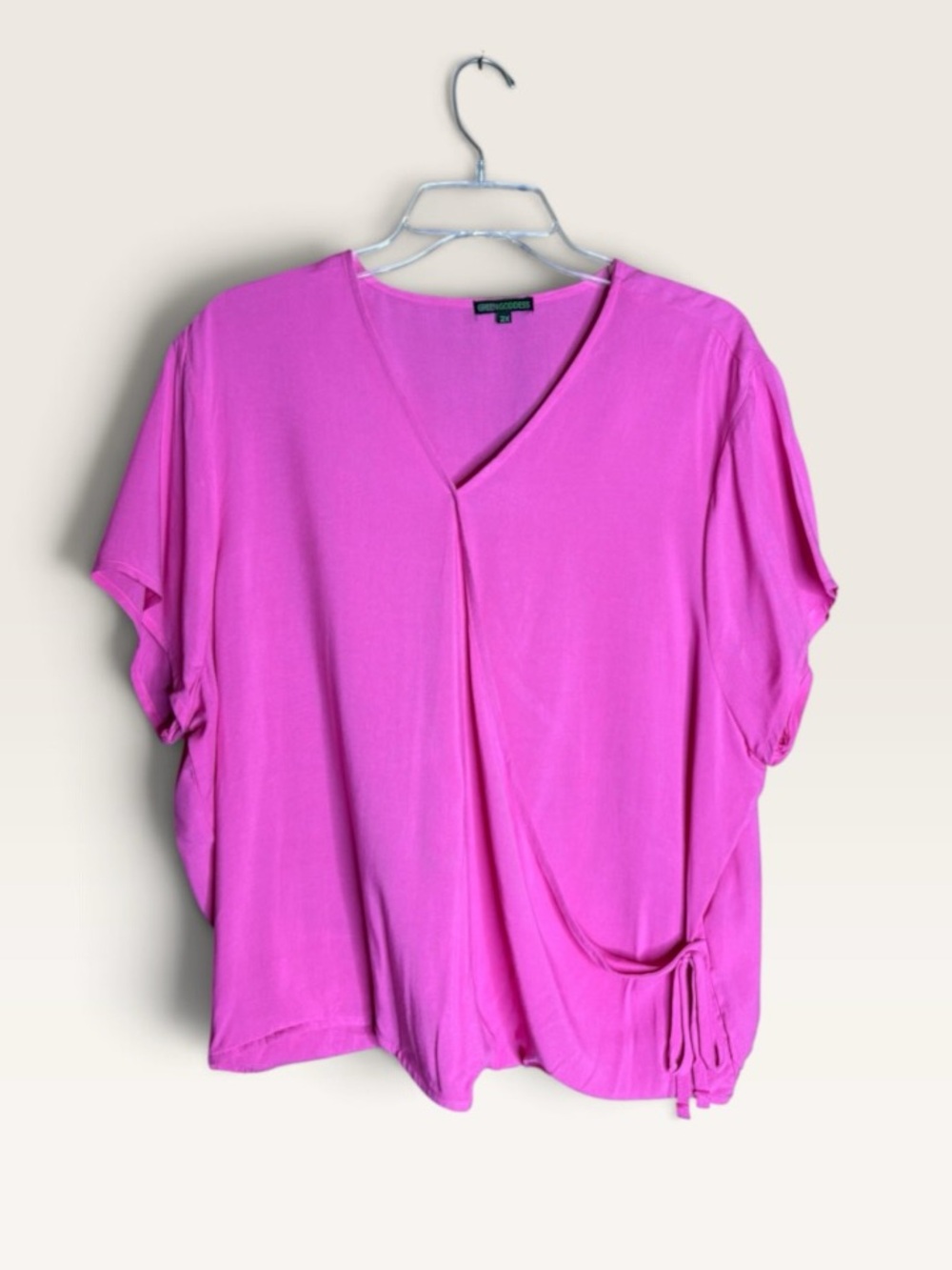 Green Goddess 2X Hot Pink 100% Rayon V Neck Side Tie Ruched Blouse